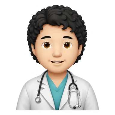 a young asian chubby male doctor with very black long curly hair and cheerful face without gpasses sticker