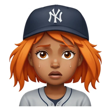 Frowning crying black girl with big tears and a Yankees baseball hat with orange hair sticker