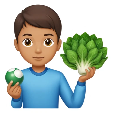 Boy with bokchoy and a pool ball sticker