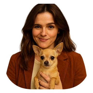 Create a centered portrait for an Instagram profile inspired by the facial features visible in the reference images of Zoe Deutch. The subject has a tanned complexion with subtle freckles, wearing a shirt in color #FFF8CA and a rust-colored jacket. Hair is medium-length brown with auburn highlights. The expression is mischievous and playful. The subject is holding an expressive and cute beige-brown chihuahua. The style is inspired by a Netflix series with an intimate and expressive ambiance reminiscent of Tenerife. The background should be transparent. sticker