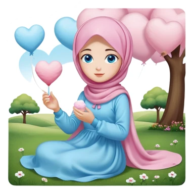 Turkish beautiful finish Konya girl blue eyes with cotton candy hijab long tail dress and sits on the grass on the ground and sends hearts with her hand  sticker