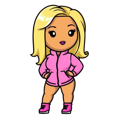 Nicki Minaj wearing a pink outfit with blonde and pink hair sticker