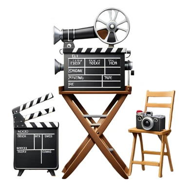 Icon for Directing: a director's chair, a film clapperboard, large movie camera, vintage megaphone and a stage with a spotlight. The icon should represent the creative and organizational aspects of directing, with focus on storytelling, staging, and performance. Transparent background. sticker