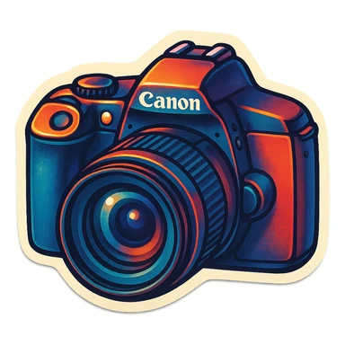 retro sticker style image of a Canon-like DSLR camera with prominent lens, bold contours, juicy colors, expressive highlights and shadows, playful energetic camera sticker