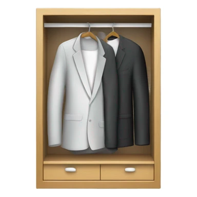 Design an emoji-style icon of an open wardrobe with clothes hanging inside. Include details like a wooden frame, hangers, and only black or white different clothing items such as shirts or any other clothing . Use a clean and minimalistic design. sticker