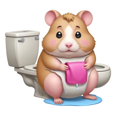 Cute chubby cartoon-style hamster sitting on toilet pooping looking as if he had an accident sticker