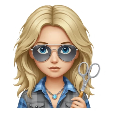 girl with long blond messy hair wearing grey plaid shirt with blue eyes and aviator sunglasses wearing a ring on her silver necklace, holding scissors sticker