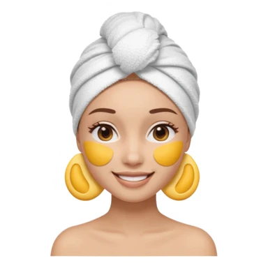 3D emoji style woman with towel head wrap, under-eye patches, smiling softly, clean girl skincare aesthetic, soft studio lighting, smooth skin texture, minimalist beige background, high resolution, PNG sticker