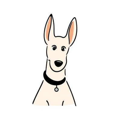 A Doberman dog with pointy ears and sleek body in pastel colors (dd9fb0, ffc6d3, a3bfc9, c4bee2, f1b091), hand-drawn doodle style sticker