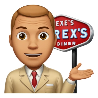 A rex from gta5 flicking on a open and close sign for rexs diner sticker