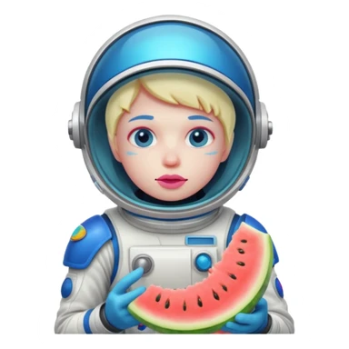 Neon pink and blue spaceman eating melon looking suspicious sticker