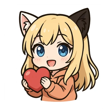 chibi anime catgirl with one white cat ear and one black cat ear, longer blonde hair, blue eyes, white skin, peach colored hoodie, cute, hugging a heart, twitch emote style, no background sticker