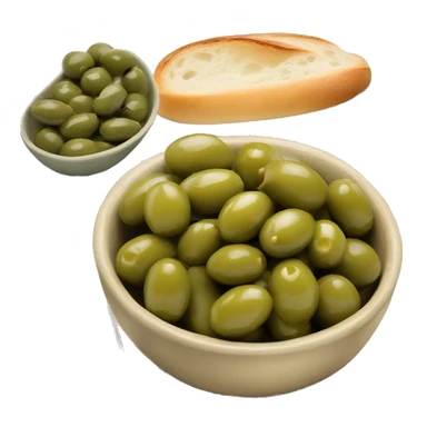 bowl of green olives beside a sliced baguette with butter   sticker