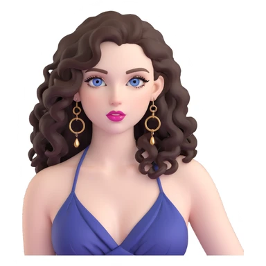 beautiful girl with big blue-grey eyes, long lashes, pale skin, pink lips, long voluminous dark brown curls, confident expression, gold hoop earrings, silky revealing halter top sticker