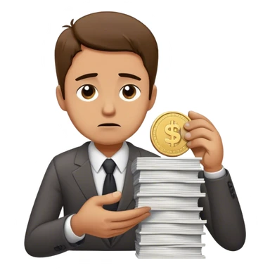 enerate an emoji of a sad business owner handing over a giant stack of work in exchange for a single tiny coin. The character looks frustrated and disappointed, representing undervaluing their services sticker