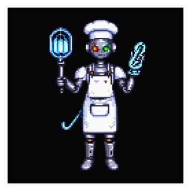 Portrait of a cyborg baker with a mechanical arm holding a whisk, glowing eyes, chrome apron, skeuomorphism style sticker