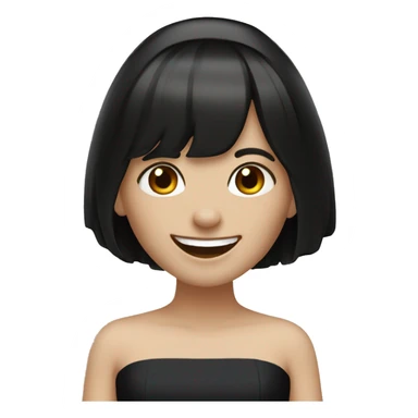 bride with very pale skin dark brown straight short hair black dress and bangs laughing sticker