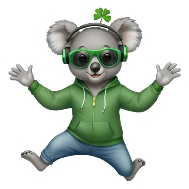 anthropomorphised koala, full body, wearing a hoodie and jeans, dark sunglasses, headphones, dressed for St. Patrick's Day, jumping in a different pose sticker