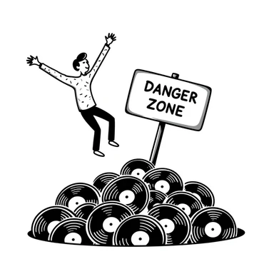 A stick figure falling into a pit full of vinyl records, like a 'Danger Zone' sign sticker