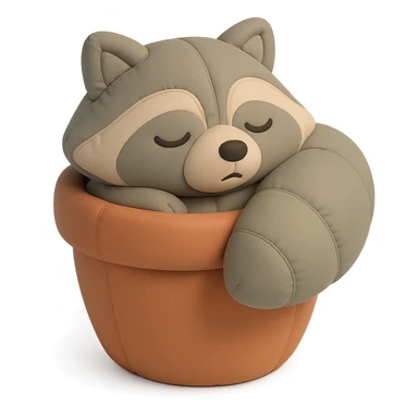 sleepy raccoon inside a flower pot, pastel earthy colors, cushion style sticker