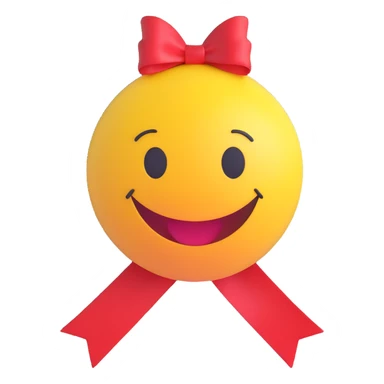 3D smiley emoji, round shape, red ribbon, lucky face sticker
