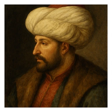 Fatih Sultan Mehmet, Ottoman sultan, with a trimmed beard and decorated turban, historical painting style sticker