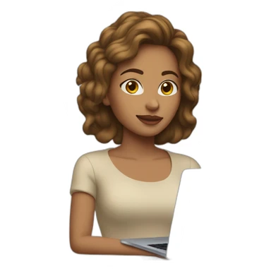 Mujer joven con cabello castaño claro con MacBook sticker