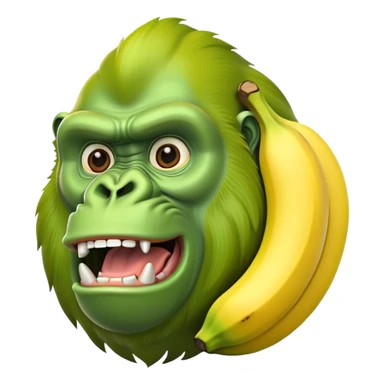 A yellow curved banana with a bright green gorilla head at the top, with gorilla facial features sticker