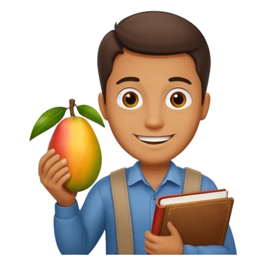 man holding book and mango sticker