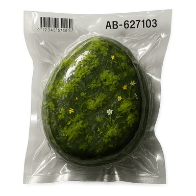 smooth stone with thick moss and scattered small flowers, glossy sticker