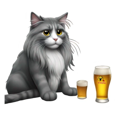 grey black and white long hair cat sitting at the bar with  beer and cigarette sticker
