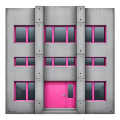Gray concrete brutalist architecture with a single bright pink window and multiple regular windows sticker