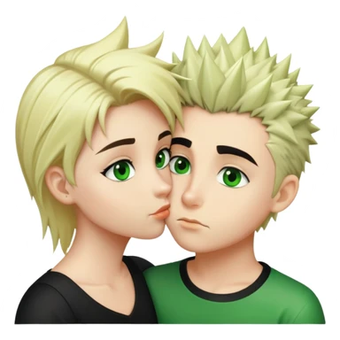 A blonde girl with green eyes kissing a boy with fair skin and black hair with a hairstyle that stands up and green eyes sticker
