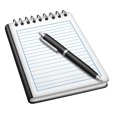 Front-facing notebook icon with a pen on the right side, minimal line-art, clean modern style, perfectly straight angle (no tilt), simple outlines, slightly 3D, no background, transparent, “documenting / journaling / tracking progress sticker