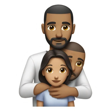 Comforting hug from brunette Puerto Rican with dark brown eyes to short, bald man with brown eyes and a beard sticker
