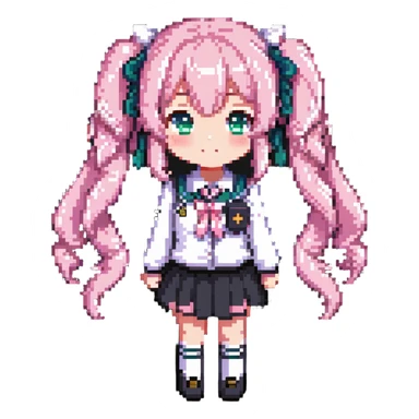 Pixel art anime girl with pink twin tails and school uniform, cute chibi style sticker