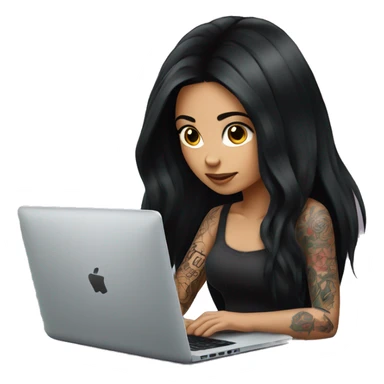 beautiful girl with tattoos, with long black hair, typing on laptop sticker