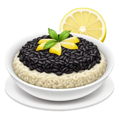 black risotto in a white bowl with a slice of lemon sticker