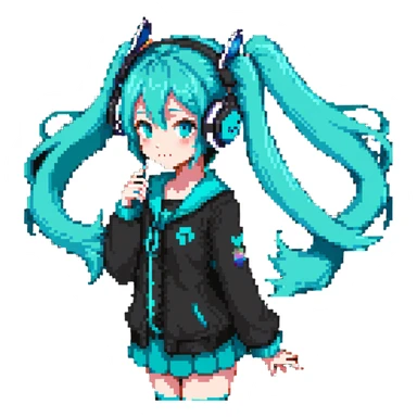 Hatsune Miku with teal twin tails, headphones, and signature outfit sticker