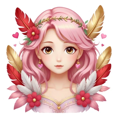 Dreamy pretty pastel anime flowers feathers hearts divine laurel lady with pretty hair and gorgeous eyes, romantic aesthetic, reds, pinks, golds, whites, gradient hues, shiny, sparkly, cute, beautiful, sexy sticker