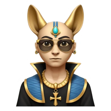 3D cartoon horned character portrait, wearing sunglasses, gothic ancient Egyptian style, pharaoh collar, dark gold and black outfit, ankh symbols, Egyptian jewelry, mysterious expression, soft dramatic lighting, centered, clean background, no text, no watermark sticker