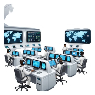 futuristic space mission control room with holographic displays and mission controllers at stations sticker