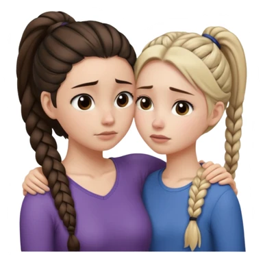 Comforting Hug two white skin women, one shorter woman with medium brown simple top ponytail, not braided, and one taller skinny sad face woman with a single long black side braid sticker