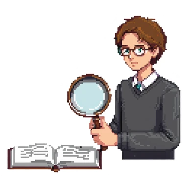 curious person with magnifying glass examining book sticker
