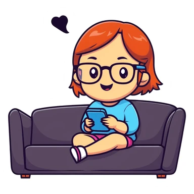A cute young girl with glasses sitting on a couch, happily playing a mobile phone game with a cheerful expression sticker