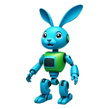 The blue and green robot rabbit standing in a meadow or forest, blending technology with nature sticker