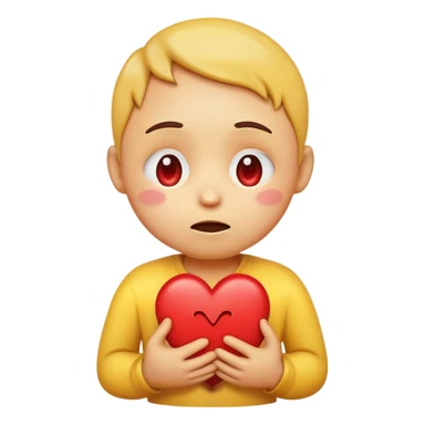 > "A round yellow emoji face with big, shiny, teary eyes, holding a red broken heart close to its chest with both hands, showing a caring and comforting expression, 2D digital art, soft shading, simple background." sticker