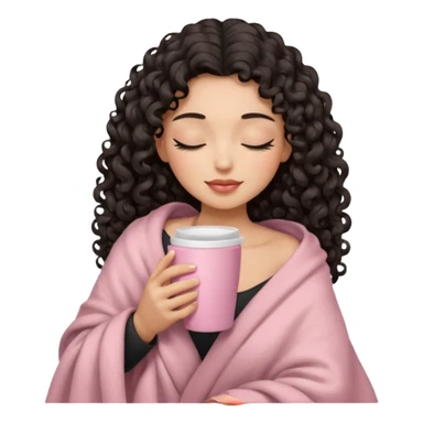 woman with hispanic medium skin tone, black long 3b curls, closed eyes, feminine face, holding soft pink coffee cup with beige blanket over shoulders sticker