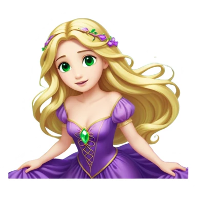 Cinematic Stunning Rapunzel Portrait Emoji, Golden hair cascading in a luminous waterfall, big emerald-green eyes full of wonder, wearing her iconic purple gown, radiating beauty and magic, glowing with fairy-tale charm! sticker