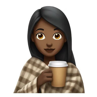 Brown skin girl with straight black hair in a blanket holding coffee sticker